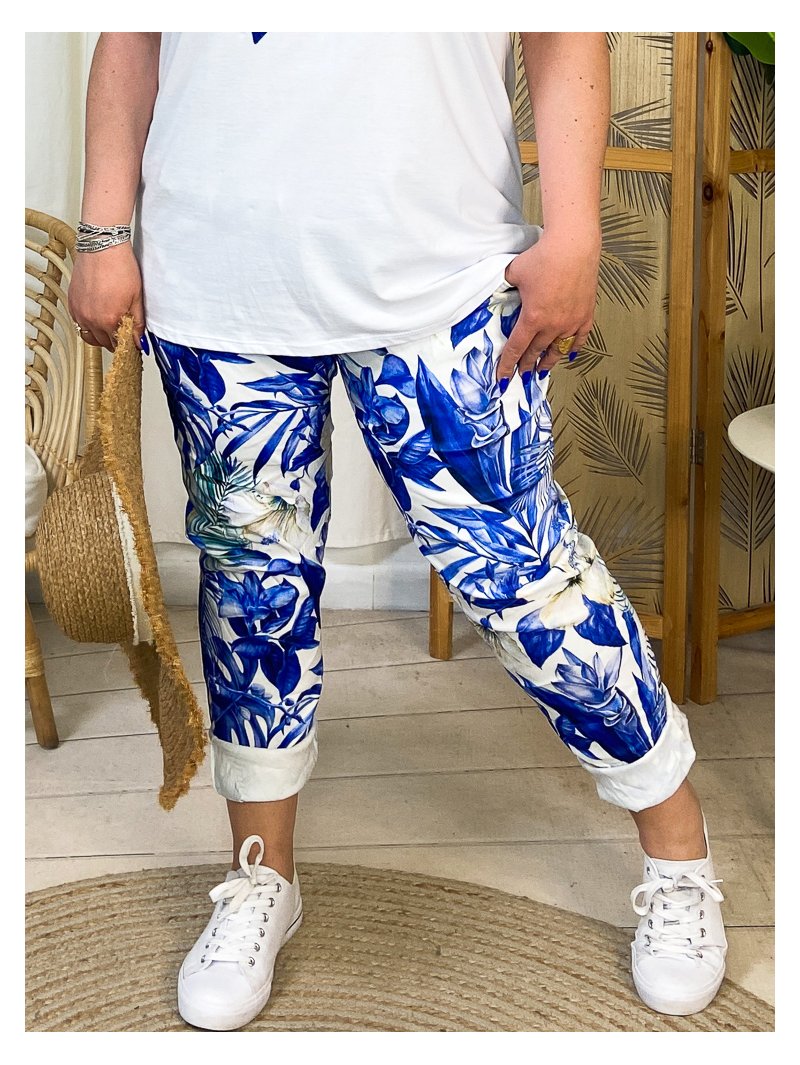 Melissa, pantalon tropical, coloris bleu roi, grande taille