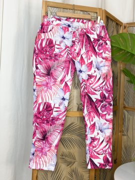 Melissa, pantalon tropical, coloris fuchsia, grande taille avant