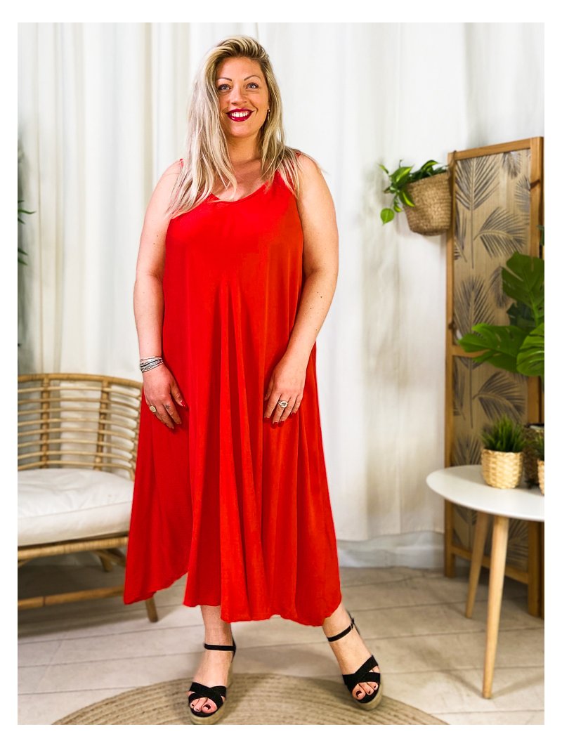 Emmaa, robe longue unie, coloris rouge, grande taille