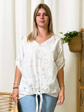 Top nouée broderie anglaise, coloris blanc, grande taille