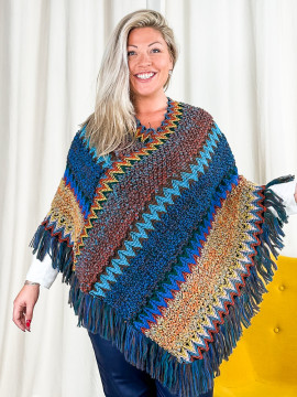 Rosanna, poncho style crochet, coloris bleu, grande taille